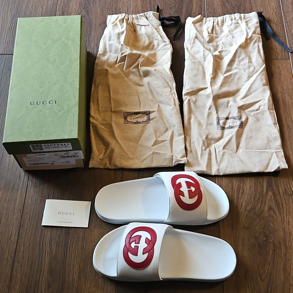 GUCCI INTERLOCKING G LEATHER SLIDES WHITE SIZE EU 38 - Picture 16 of 16